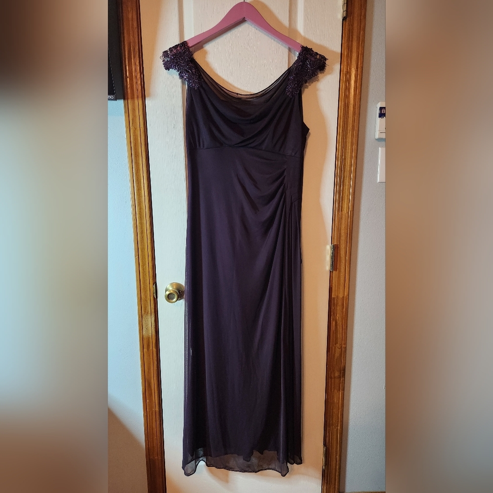 Alex Evenings Elegant Cap Sleeve Gown in Dark Purple.